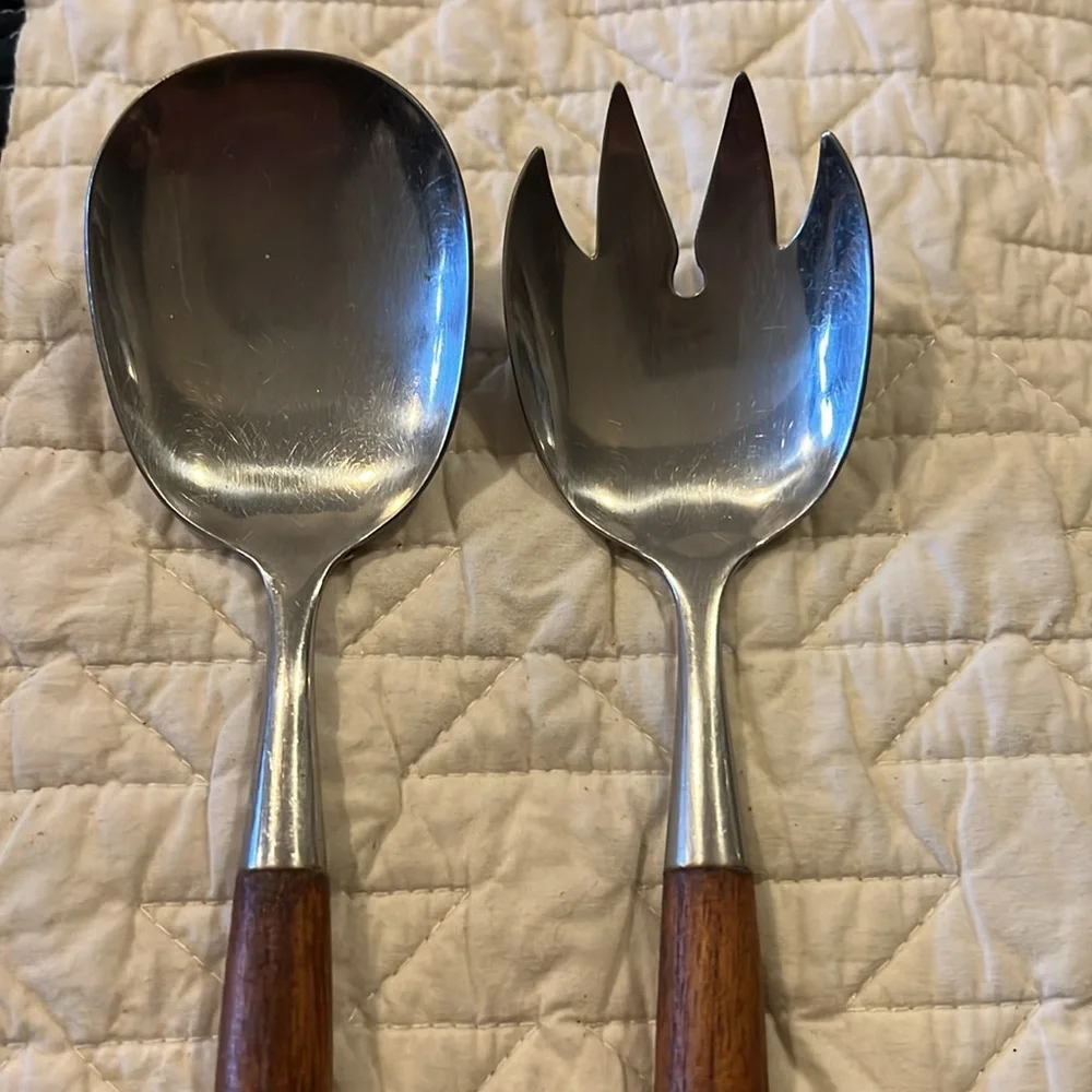 MCM Norway Teak Elegant Silver and Brown Salad Server Set